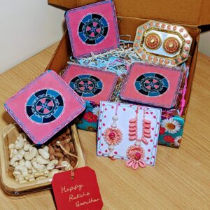 Crochet-Handpainted coasters Rakhi-Hamper