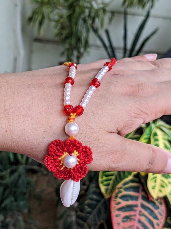 Crochet-Beads Rakhi Pair (white and red) - Image 2