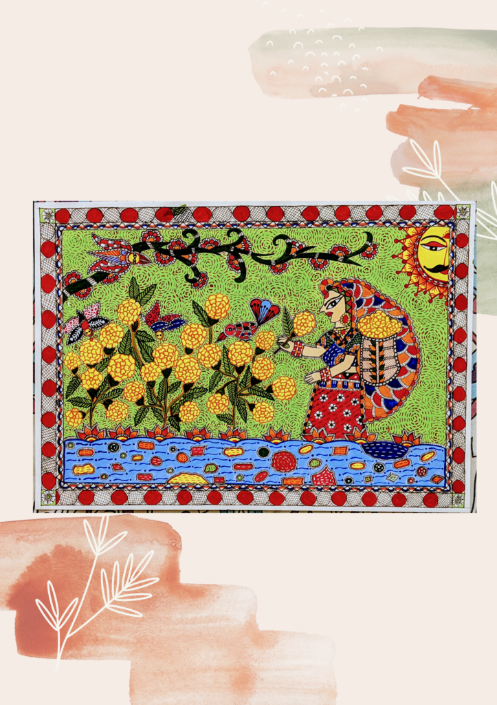 madhubani-painting-lady-in-garden