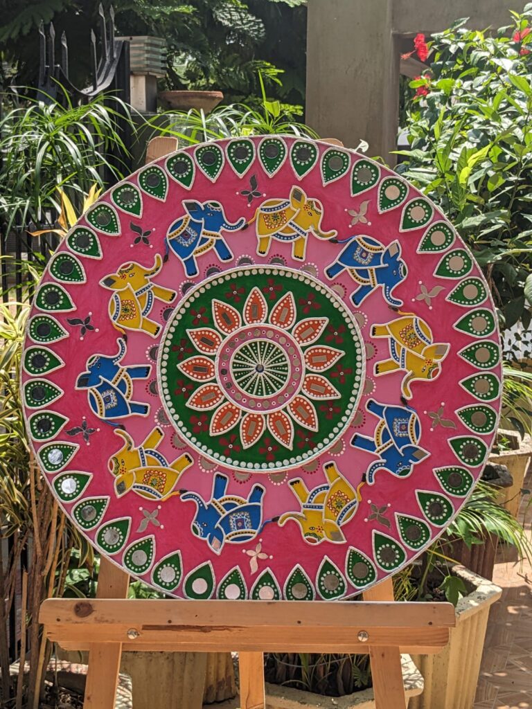 Lippan wall hanging, elephnat motif, hancrafted decor, mirror decor, clay and mirror work, mud and mirror, diwali decor, home decor, wall decor, garden decor