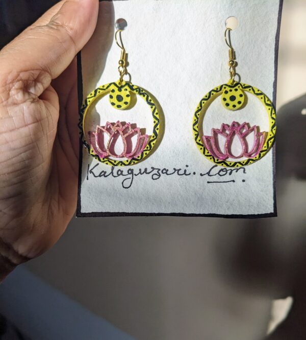Yellow and Pink Lotus Drop Earrings - Image 2