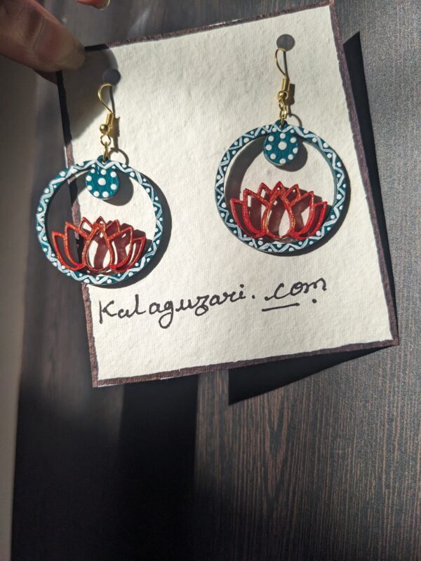 Blue and Red Lotus Drop Earrings - Image 2